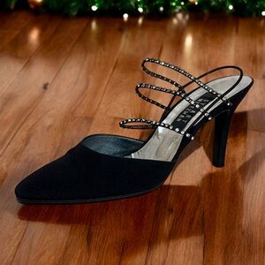 Stuart Weitzman Black Peau Rhinestone-Strap Hi-Heel Slingback Dress Pumps - EUC